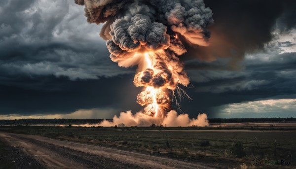 outdoors,sky,cloud,no humans,glowing,cloudy sky,fire,scenery,smoke,monster,landscape,railroad tracks,eldritch abomination,signature,night,horizon