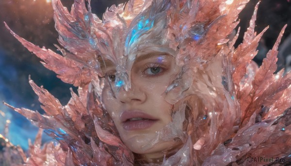 1girl,solo,looking at viewer,blue eyes,brown eyes,green eyes,parted lips,teeth,artist name,blurry,lips,eyelashes,depth of field,blurry background,glowing,heterochromia,helmet,feathers,gem,portrait,close-up,crystal,realistic,nose,white hair,freckles,scales