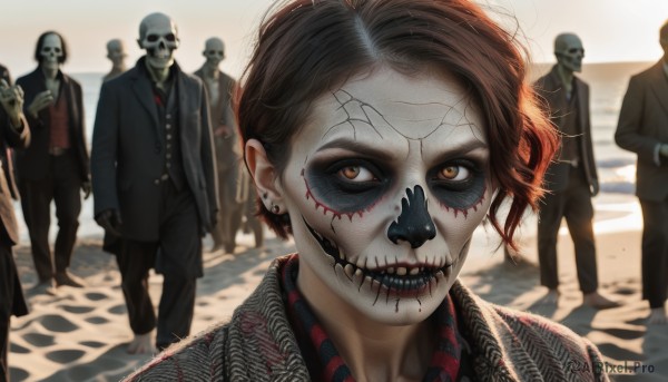 1girl,looking at viewer,smile,short hair,brown hair,shirt,black hair,brown eyes,jewelry,standing,jacket,earrings,outdoors,multiple boys,open clothes,necktie,barefoot,teeth,solo focus,day,collared shirt,pants,blurry,vest,black jacket,makeup,mask,beach,black pants,piercing,formal,suit,red shirt,ear piercing,walking,6+boys,skull,hand in pocket,realistic,sand,facepaint,bald,zombie,horror (theme),multiple girls,blood,blurry background,lipstick,pale skin,stitches