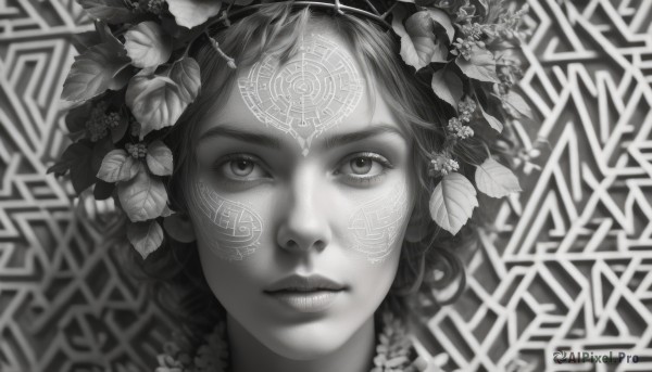 1girl,solo,looking at viewer,short hair,hair ornament,closed mouth,monochrome,flower,greyscale,parted lips,hair flower,blurry,lips,eyelashes,tattoo,leaf,facial mark,portrait,realistic,nose,lying,on back,expressionless,close-up