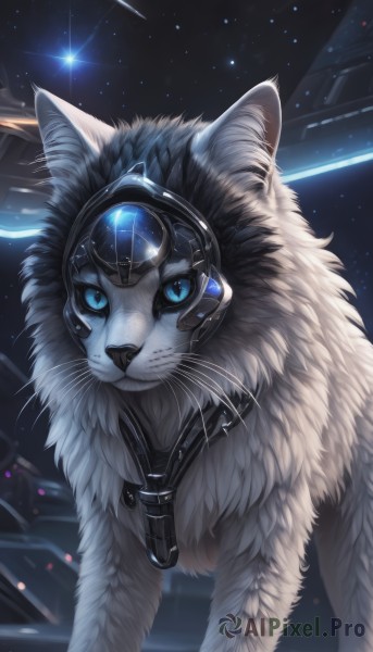 solo,looking at viewer,blue eyes,signature,no humans,animal,cat,robot,star (sky),science fiction,space,animal focus,white fur,whiskers,fluffy,closed mouth,upper body,sky,artist name,night,gem,night sky,starry sky,colored sclera,dog,wolf,shooting star,constellation