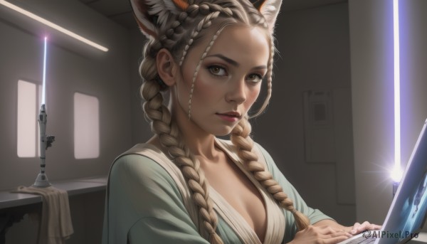 1girl,solo,long hair,breasts,looking at viewer,brown hair,animal ears,cleavage,brown eyes,medium breasts,closed mouth,collarbone,upper body,weapon,braid,indoors,cat ears,dark skin,twin braids,dark-skinned female,lips,animal ear fluff,book,eyelashes,makeup,hair over shoulder,forehead,freckles,robe,realistic,nose,computer,laptop,multiple braids,grey hair,japanese clothes,fingernails,extra ears,crown braid,sidelighting