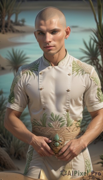 solo,looking at viewer,smile,shirt,1boy,holding,brown eyes,jewelry,closed mouth,standing,white shirt,short sleeves,male focus,cowboy shot,earrings,outdoors,day,pants,water,blurry,tree,lips,buttons,blurry background,facial hair,beard,realistic,white pants,palm tree,bald,coconut,artist name,tattoo,muscular,piercing