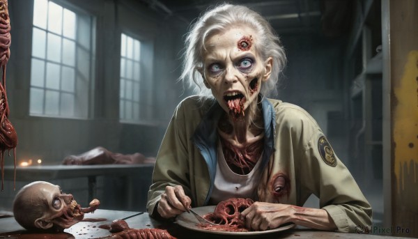 HQ,1girl,short hair,open mouth,blue eyes,shirt,1boy,holding,jacket,white hair,food,open clothes,teeth,tongue,indoors,tongue out,window,blood,eating,table,fire,knife,third eye,skull,monster,realistic,eyeball,candle,bald,stitches,old,zombie,death,horror (theme),what,guro,corpse,severed head,bad food,solo,looking at viewer,collarbone,white shirt,upper body,blurry,chair,plate,veins,brown jacket,fork,holding knife,dirty,extra eyes,meat,patch,wrinkled skin,eldritch abomination,steak