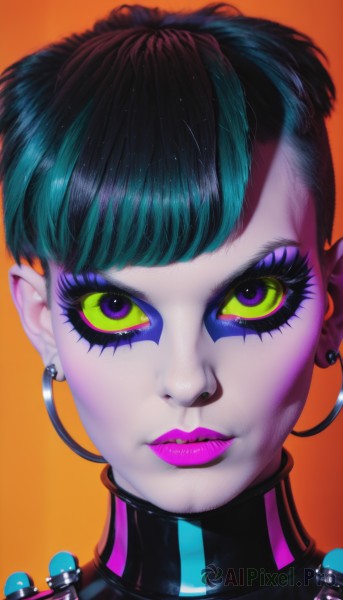 1girl,solo,looking at viewer,short hair,bangs,simple background,black hair,jewelry,closed mouth,green eyes,blue hair,purple eyes,multicolored hair,earrings,green hair,lips,eyelashes,aqua hair,makeup,colored skin,piercing,lipstick,ear piercing,portrait,eyeshadow,multicolored eyes,realistic,nose,orange background,eyeliner,undercut,purple lips,mascara,cyberpunk,parted lips,teeth,close-up,colored sclera,hoop earrings