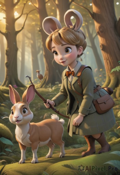 1girl,solo,smile,short hair,skirt,blonde hair,brown hair,shirt,long sleeves,bow,holding,animal ears,brown eyes,closed mouth,standing,jacket,tail,full body,white shirt,boots,outdoors,day,collared shirt,bowtie,bag,vest,tree,plaid,animal,plaid skirt,brown footwear,sunlight,thick eyebrows,grass,green skirt,child,nature,forest,green jacket,mouse ears,mouse tail,mouse,mouse girl,buck teeth,blush,artist name,bird,leaf,watermark,extra ears,freckles,fantasy,mushroom,squirrel,deer