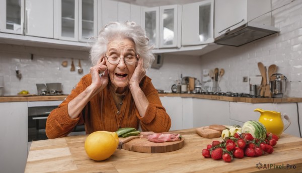 1girl,solo,looking at viewer,smile,open mouth,shirt,1boy,brown eyes,jewelry,upper body,white hair,:d,grey hair,male focus,food,glasses,teeth,indoors,necklace,sweater,window,fruit,chair,parody,table,ring,bowl,realistic,strawberry,round eyewear,hands on own face,old,old man,kitchen,banana,sink,counter,old woman,wrinkled skin,cutting board,short hair,long sleeves,knife,plate,brown sweater,orange (fruit),lemon,potato,eyewear strap,onion