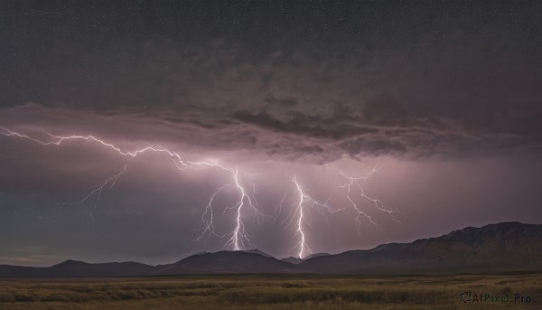 solo,outdoors,sky,cloud,no humans,night,cloudy sky,grass,star (sky),night sky,scenery,starry sky,mountain,electricity,field,lightning,landscape,mountainous horizon,monochrome,horizon,dark