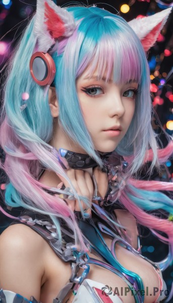 1girl,solo,long hair,breasts,looking at viewer,bangs,large breasts,animal ears,cleavage,bare shoulders,medium breasts,closed mouth,blue hair,upper body,pink hair,multicolored hair,cat ears,blunt bangs,black eyes,collar,two-tone hair,lips,animal ear fluff,grey eyes,eyelashes,aqua hair,gradient hair,makeup,headgear,realistic,nose,cable,choker,nail polish,blurry,fingernails,science fiction