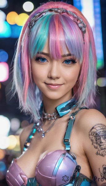 1girl,solo,breasts,looking at viewer,smile,short hair,bangs,blue eyes,cleavage,bare shoulders,jewelry,medium breasts,closed mouth,blue hair,upper body,pink hair,multicolored hair,hairband,necklace,bra,blurry,two-tone hair,lips,eyelashes,aqua hair,tattoo,gradient hair,makeup,depth of field,blurry background,realistic,nose,arm tattoo,bokeh,braid,bikini,nail polish,eyeshadow,cyberpunk