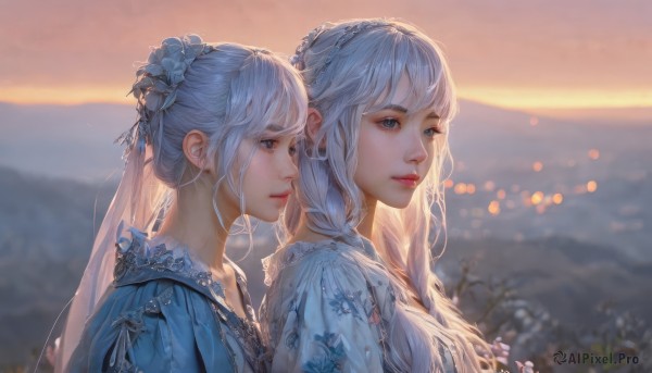 long hair,looking at viewer,bangs,blue eyes,multiple girls,hair ornament,dress,2girls,closed mouth,upper body,braid,flower,white hair,grey hair,outdoors,sky,artist name,hair flower,blurry,from side,lips,grey eyes,eyelashes,profile,depth of field,blurry background,blue dress,siblings,looking away,expressionless,floral print,sisters,backlighting,blue flower,sunset,mountain,realistic,nose,red lips,bokeh,blue hair,sidelocks,day,sunlight