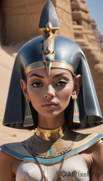 1girl,solo,breasts,looking at viewer,short hair,black hair,bare shoulders,brown eyes,jewelry,closed mouth,upper body,earrings,outdoors,day,dark skin,necklace,blurry,dark-skinned female,lips,eyelashes,makeup,blurry background,hair tubes,portrait,veil,realistic,nose,gold,egyptian,egyptian clothes,desert,gorget,eye of horus,small breasts,sky,covered nipples,blue sky,headdress,neck ring