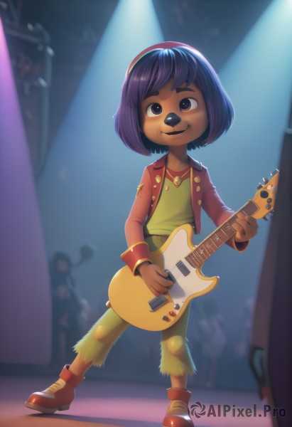 1girl,solo,looking at viewer,smile,short hair,open mouth,bangs,shirt,long sleeves,holding,animal ears,brown eyes,standing,purple eyes,jacket,full body,purple hair,hairband,open clothes,shoes,shorts,solo focus,shiny,artist name,indoors,signature,necklace,blurry,black eyes,shiny hair,flat chest,open jacket,buttons,blurry background,happy,red footwear,instrument,child,red jacket,furry,furry female,music,guitar,body fur,playing instrument,holding instrument,animal nose,electric guitar,crowd,brown fur,stage,yellow fur,spotlight,people,dress,pants,watermark,brown footwear