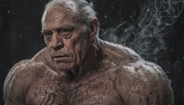 solo,looking at viewer,short hair,1boy,closed mouth,upper body,white hair,grey hair,male focus,nude,black eyes,muscular,facial hair,scar,muscular male,black background,smoke,realistic,manly,old,dirty,old man,wrinkled skin,collarbone,wet,grey eyes,portrait,veins,topless male