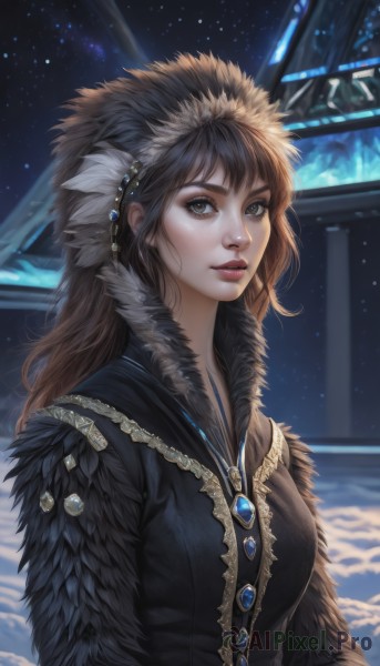 1girl,solo,long hair,breasts,looking at viewer,bangs,brown hair,black hair,hair ornament,brown eyes,jewelry,medium breasts,upper body,parted lips,sky,signature,necklace,lips,fur trim,eyelashes,makeup,night,feathers,gem,star (sky),night sky,starry sky,realistic,nose,headdress,red lips,space,earrings,outdoors,artist name,coat,buttons,snow,freckles