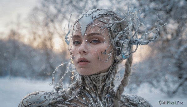 1girl, solo, long hair, looking at viewer, blue eyes, braid, parted lips, teeth, blurry, lips, single braid, blurry background, portrait, snow, freckles, realistic, winter