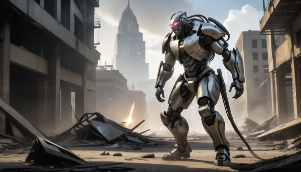 HQ,solo,standing,weapon,outdoors,sky,cloud,pink eyes,no humans,glowing,fire,robot,building,mecha,science fiction,city,realistic,cable,glowing eye,ruins,one-eyed,damaged,open hands,debris,rubble,day,glowing eyes,cityscape,skyscraper,dust,destruction,radio antenna