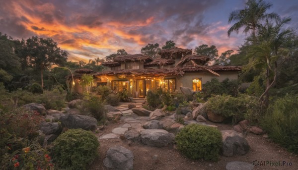 flower,outdoors,sky,cloud,tree,no humans,cloudy sky,grass,plant,building,nature,scenery,forest,sunset,lantern,rock,road,bush,house,evening,path,stone,water,architecture