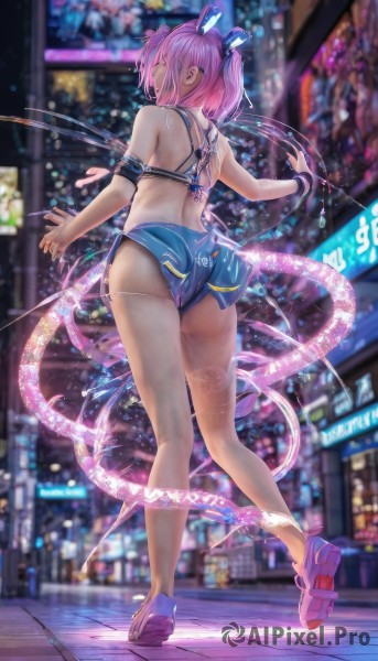 1girl,solo,short hair,bare shoulders,twintails,standing,full body,pink hair,purple hair,ass,thighs,outdoors,shorts,from behind,blurry,legs,short shorts,bare legs,depth of field,blurry background,back,wristband,walking,blue shorts,city,neon lights,bangs,skirt,hair ornament,thighhighs,underwear,tail,shoes,bra,white thighhighs,blue skirt,night,single thighhigh,sneakers