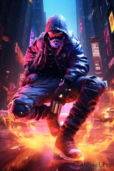 solo,looking at viewer,gloves,1boy,holding,jewelry,jacket,full body,weapon,male focus,boots,outdoors,open clothes,shoes,black gloves,pants,hood,fingerless gloves,black footwear,holding weapon,open jacket,gun,hoodie,mask,night,glowing,squatting,sunglasses,fire,denim,ground vehicle,building,holding gun,hooded jacket,motor vehicle,handgun,hood up,jeans,city,mouth mask,car,knee pads,one knee,police,cyberpunk,shirt,belt,blurry,black shirt,blurry background,helmet,sneakers,web address,science fiction,realistic,blue pants,city lights,neon lights