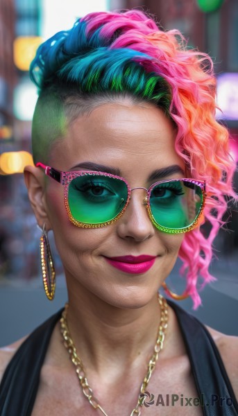 1girl,solo,looking at viewer,smile,short hair,jewelry,closed mouth,green eyes,blue hair,pink hair,multicolored hair,earrings,green hair,glasses,dark skin,necklace,mole,blurry,two-tone hair,dark-skinned female,lips,makeup,blurry background,chain,sunglasses,lipstick,portrait,eyeshadow,hoop earrings,realistic,nose,undercut,tinted eyewear,mascara,gold chain,aviator sunglasses,pink-tinted eyewear,purple-tinted eyewear,blue eyes,dress,upper body,artist name,eyelashes,watermark,web address,chain necklace