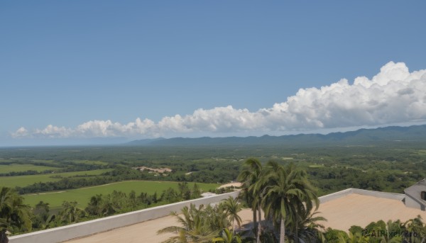 outdoors,sky,day,cloud,tree,blue sky,no humans,ocean,beach,cloudy sky,grass,plant,building,nature,scenery,forest,mountain,palm tree,horizon,road,bush,summer,house,landscape,mountainous horizon,hill,field,shore