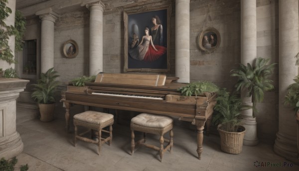 1girl,solo,long hair,black hair,dress,sitting,indoors,umbrella,chair,table,plant,instrument,scenery,reflection,wooden floor,stairs,potted plant,wide shot,stool,pillar,vase,statue,painting (object),piano,no humans,window,mirror,carpet