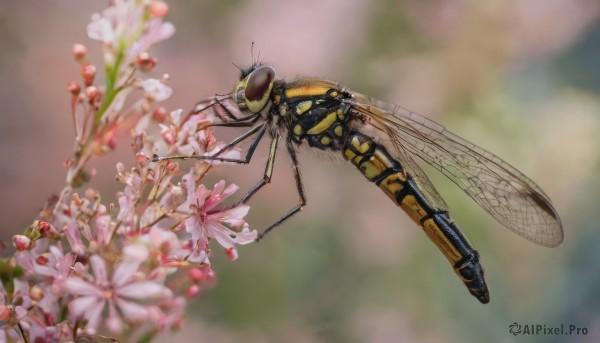 flower, wings, blurry, no humans, depth of field, blurry background, bug, robot, cherry blossoms, mecha, flying, realistic, antennae, insect wings