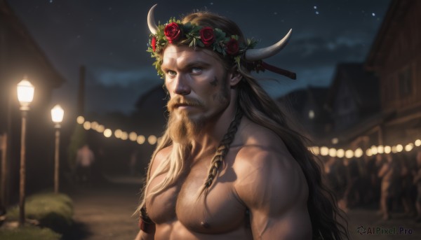 solo,long hair,looking at viewer,brown hair,hair ornament,1boy,nipples,upper body,braid,flower,male focus,nude,outdoors,horns,sky,hair flower,blurry,tattoo,muscular,night,blurry background,rose,facial hair,thick eyebrows,pectorals,muscular male,star (sky),night sky,bara,beard,starry sky,large pectorals,topless male,mature male,realistic,mustache,cow horns,head wreath,manly,old,lamppost,chest hair,old man,cow boy,blonde hair,black hair