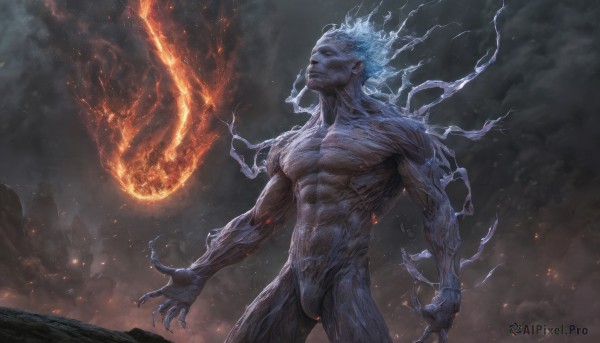 solo,1boy,standing,male focus,outdoors,sky,teeth,cloud,fingernails,no humans,muscular,glowing,colored skin,abs,cloudy sky,fire,claws,smoke,monster,electricity,magic,lightning,burning,navel,closed mouth,nipples,white hair,nude,cowboy shot,completely nude,pectorals,muscular male,glowing eyes,veins,realistic,fantasy