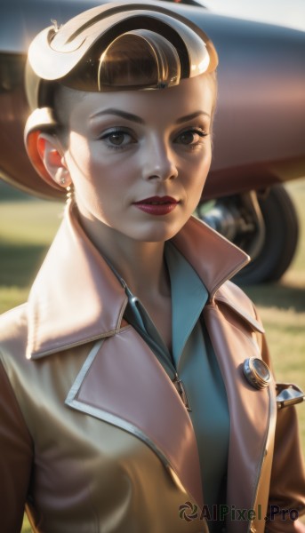 1girl,solo,looking at viewer,short hair,brown hair,shirt,black hair,brown eyes,jewelry,jacket,upper body,earrings,artist name,blurry,lips,makeup,blurry background,blue shirt,lipstick,goggles,ground vehicle,motor vehicle,freckles,goggles on head,realistic,nose,red lips,stud earrings,hat,outdoors,parted lips,open clothes,eyelashes,depth of field,zipper,backlighting,brown jacket,car,eyeliner,very short hair,undercut