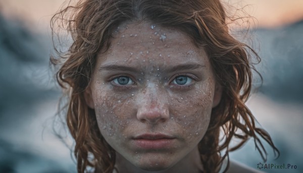 1girl,solo,looking at viewer,blue eyes,brown hair,closed mouth,parted lips,water,mole,blurry,lips,wet,depth of field,blurry background,messy hair,portrait,freckles,realistic,nose,straight-on,long hair,eyelashes,floating hair,wind,close-up,dirty