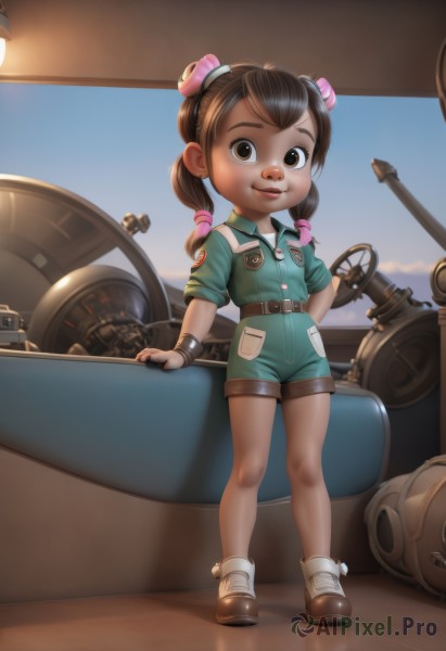 1girl,solo,long hair,looking at viewer,smile,brown hair,shirt,hair ornament,gloves,twintails,brown eyes,standing,full body,short sleeves,boots,outdoors,sky,shoes,shorts,belt,uniform,dark-skinned female,lips,low twintails,child,sleeves rolled up,pocket,aircraft,female child,pantyhose,fingerless gloves,bag,military,overalls