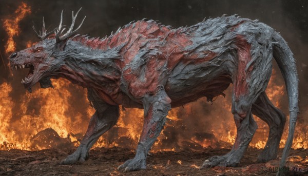 solo,open mouth,red eyes,standing,tail,full body,outdoors,horns,teeth,from side,no humans,glowing,fangs,fire,sharp teeth,claws,spikes,smoke,monster,dragon,scales,giant,embers,dinosaur,breathing fire,molten rock