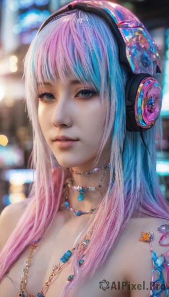 1girl,solo,long hair,breasts,looking at viewer,bangs,blue eyes,cleavage,bare shoulders,jewelry,medium breasts,blue hair,upper body,pink hair,multicolored hair,parted lips,necklace,blurry,two-tone hair,lips,eyelashes,tattoo,gradient hair,depth of field,blurry background,headphones,realistic,nose,large breasts,green eyes,portrait,bokeh