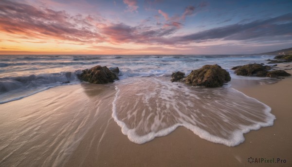 outdoors, sky, cloud, water, dutch angle, no humans, ocean, beach, cloudy sky, scenery, sunset, rock, sand, horizon, waves, shore