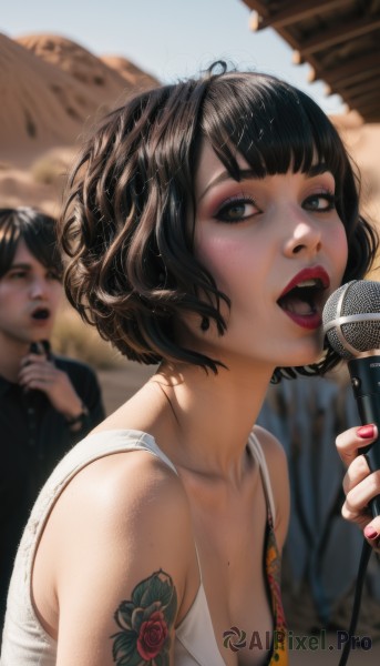 1girl,breasts,looking at viewer,short hair,open mouth,bangs,brown hair,black hair,1boy,holding,cleavage,bare shoulders,brown eyes,medium breasts,underwear,upper body,flower,small breasts,outdoors,teeth,solo focus,day,nail polish,bra,mole,blurry,black eyes,lips,tattoo,makeup,blurry background,bob cut,tank top,lipstick,microphone,freckles,curly hair,mole on breast,realistic,nose,music,red lips,arm tattoo,holding microphone,shoulder tattoo,singing,flower tattoo,multiple girls,shirt,2girls,collarbone,sky,fingernails,pink nails