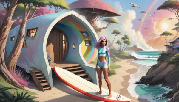 1girl,solo,long hair,breasts,navel,medium breasts,standing,swimsuit,purple hair,outdoors,sky,barefoot,day,cloud,signature,dark skin,water,dark-skinned female,tree,bodysuit,bird,ocean,beach,sunlight,building,scenery,sunset,stairs,palm tree,sun,watercraft,house,rainbow,waterfall,boat,surfboard,multiple girls,brown hair,black hair,2girls,bikini,midriff,plant,door,bikini bottom only,seagull