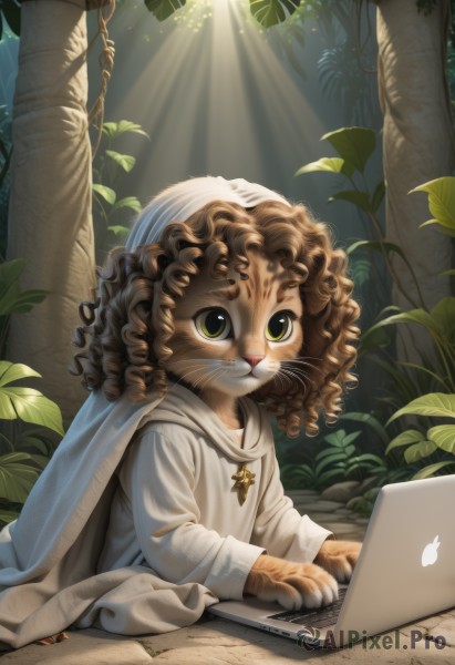 solo,looking at viewer,brown hair,long sleeves,1boy,jewelry,sitting,green eyes,upper body,male focus,outdoors,hood,necklace,tree,no humans,animal,leaf,sunlight,cat,plant,furry,curly hair,robe,light rays,computer,laptop,whiskers,white robe,animal ears,artist name,watermark,bug,web address