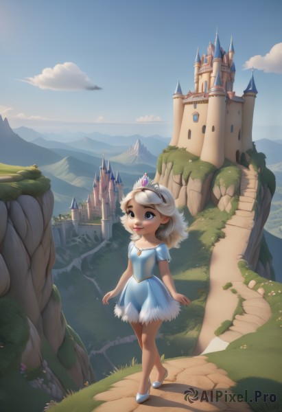 1girl,solo,long hair,smile,blue eyes,dress,jewelry,standing,white hair,short sleeves,outdoors,sky,shoes,day,cloud,necklace,blue sky,blue dress,white footwear,grass,tiara,crown,child,scenery,walking,mountain,fantasy,female child,castle,short hair,open mouth,blonde hair,full body,flower,artist name,high heels,tree,aged down,cliff