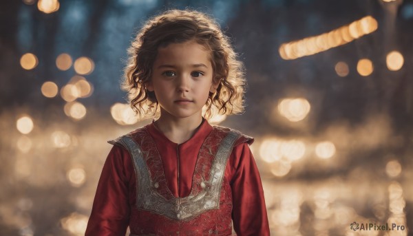 1girl,solo,looking at viewer,short hair,brown hair,long sleeves,brown eyes,closed mouth,upper body,medium hair,blurry,black eyes,lips,depth of field,blurry background,red dress,red shirt,curly hair,realistic,bokeh