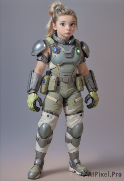 1girl,solo,long hair,looking at viewer,blonde hair,simple background,brown hair,gloves,brown eyes,closed mouth,standing,full body,ponytail,boots,belt,pants,grey background,armor,lips,grey eyes,bodysuit,shoulder armor,gauntlets,clenched hands,short ponytail,pauldrons,pouch,breastplate,realistic,nose,arms at sides,knee pads,hair pulled back,topknot,green gloves,armored boots