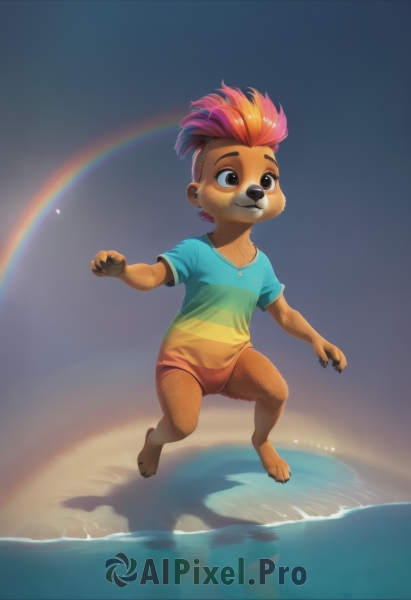 solo,smile,short hair,shirt,1boy,animal ears,jewelry,closed mouth,full body,pink hair,short sleeves,male focus,red hair,multicolored hair,barefoot,artist name,water,necklace,orange hair,black eyes,two-tone hair,:3,blue shirt,letterboxed,child,furry,reflection,furry male,male child,body fur,rainbow,snout,puddle,1girl,brown hair,brown eyes,watermark,t-shirt,web address,claws,freckles,very short hair,undercut,brown fur,mohawk