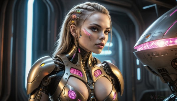 HQ,1girl,solo,long hair,breasts,looking at viewer,blue eyes,blonde hair,brown hair,hair ornament,jewelry,medium breasts,upper body,grey hair,earrings,armor,lips,bodysuit,makeup,facial mark,robot,forehead,headwear removed,science fiction,realistic,nose,cyborg,hair pulled back,power armor,cyberpunk,glowing,mecha,dirty,dirty face,hologram