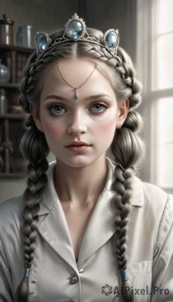 1girl,solo,long hair,breasts,looking at viewer,blue eyes,shirt,twintails,jewelry,white shirt,upper body,braid,grey hair,earrings,parted lips,artist name,indoors,blurry,twin braids,lips,grey eyes,book,window,buttons,depth of field,blurry background,watermark,tiara,gem,hair over shoulder,forehead,freckles,circlet,realistic,nose,bookshelf,black hair,closed mouth,collarbone,collared shirt,web address,deviantart username