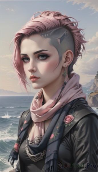 1girl,solo,breasts,looking at viewer,short hair,blue eyes,jewelry,closed mouth,jacket,upper body,pink hair,flower,multicolored hair,earrings,small breasts,outdoors,sky,day,artist name,cloud,water,necklace,scarf,two-tone hair,lips,black jacket,grey eyes,eyelashes,makeup,rose,bird,ocean,beach,piercing,web address,pink flower,eyeshadow,freckles,asymmetrical hair,nose,eyeliner,undercut,pink rose,pink scarf,mascara,parted lips,signature,mole,ascot,scar,cloudy sky,scar on face,realistic,scar across eye,very short hair,waves