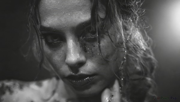 1girl,solo,long hair,looking at viewer,jewelry,closed mouth,monochrome,greyscale,blurry,lips,eyelashes,depth of field,piercing,portrait,close-up,realistic,lip piercing,earrings,freckles