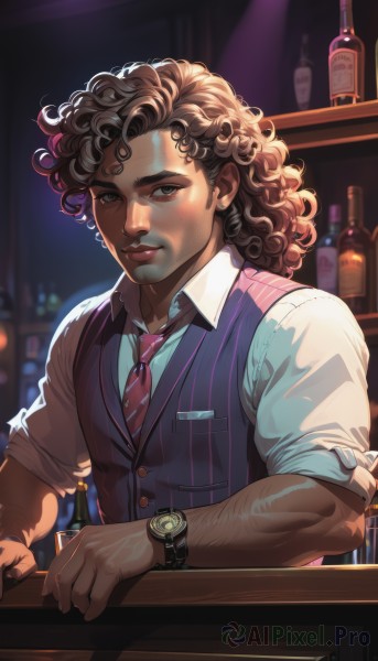 solo,long hair,looking at viewer,brown hair,shirt,1boy,brown eyes,closed mouth,white shirt,upper body,male focus,necktie,striped,collared shirt,indoors,signature,dark skin,blurry,black eyes,vest,cup,lips,buttons,blurry background,facial hair,dark-skinned male,thick eyebrows,bottle,red necktie,alcohol,sleeves rolled up,drinking glass,curly hair,watch,nose,wristwatch,striped necktie,waistcoat,pinstripe pattern,wine bottle,purple vest,bar (place),counter,artist name,grey eyes,blue vest