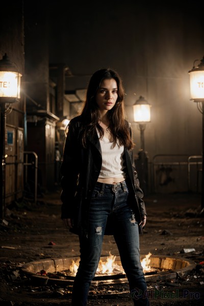 1girl,solo,long hair,breasts,looking at viewer,brown hair,shirt,black hair,long sleeves,navel,brown eyes,jewelry,closed mouth,standing,jacket,white shirt,outdoors,open clothes,midriff,belt,pants,necklace,bag,blurry,open jacket,lips,black jacket,sleeves past wrists,torn clothes,night,feet out of frame,black pants,fire,denim,jeans,realistic,midriff peek,leather,torn pants,leather jacket,torn jeans,signature