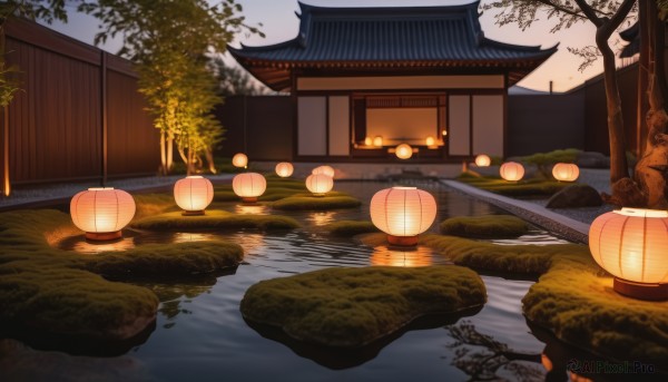 outdoors,sky,water,tree,no humans,night,grass,building,night sky,scenery,reflection,lantern,rock,architecture,bridge,east asian architecture,river,paper lantern,pond,reflective water,plant,mountain,bush,house,evening